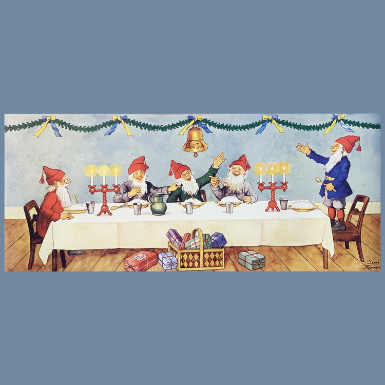 Weihnachtsposter mit Wichteln, die Weihnachtsbrei essen