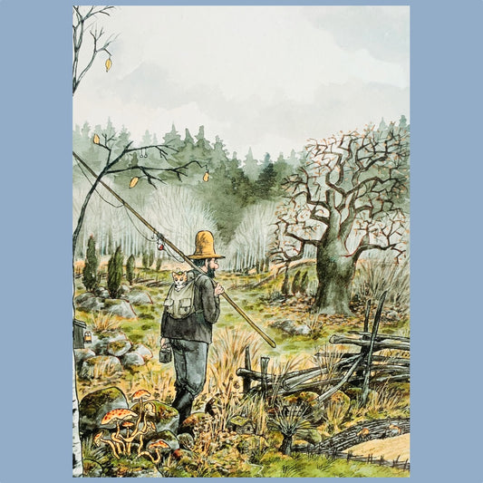Postkarte Pettersson mit Angel im Herbstwald