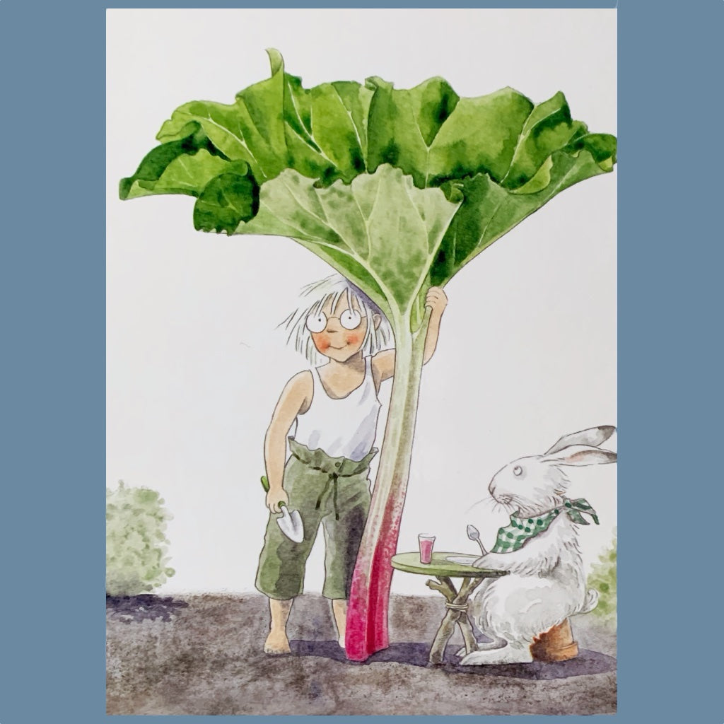 Postkarte "Maja erntet Rhabarber" gezeichnet von Lena Anderson erhältlich im Mys Shop