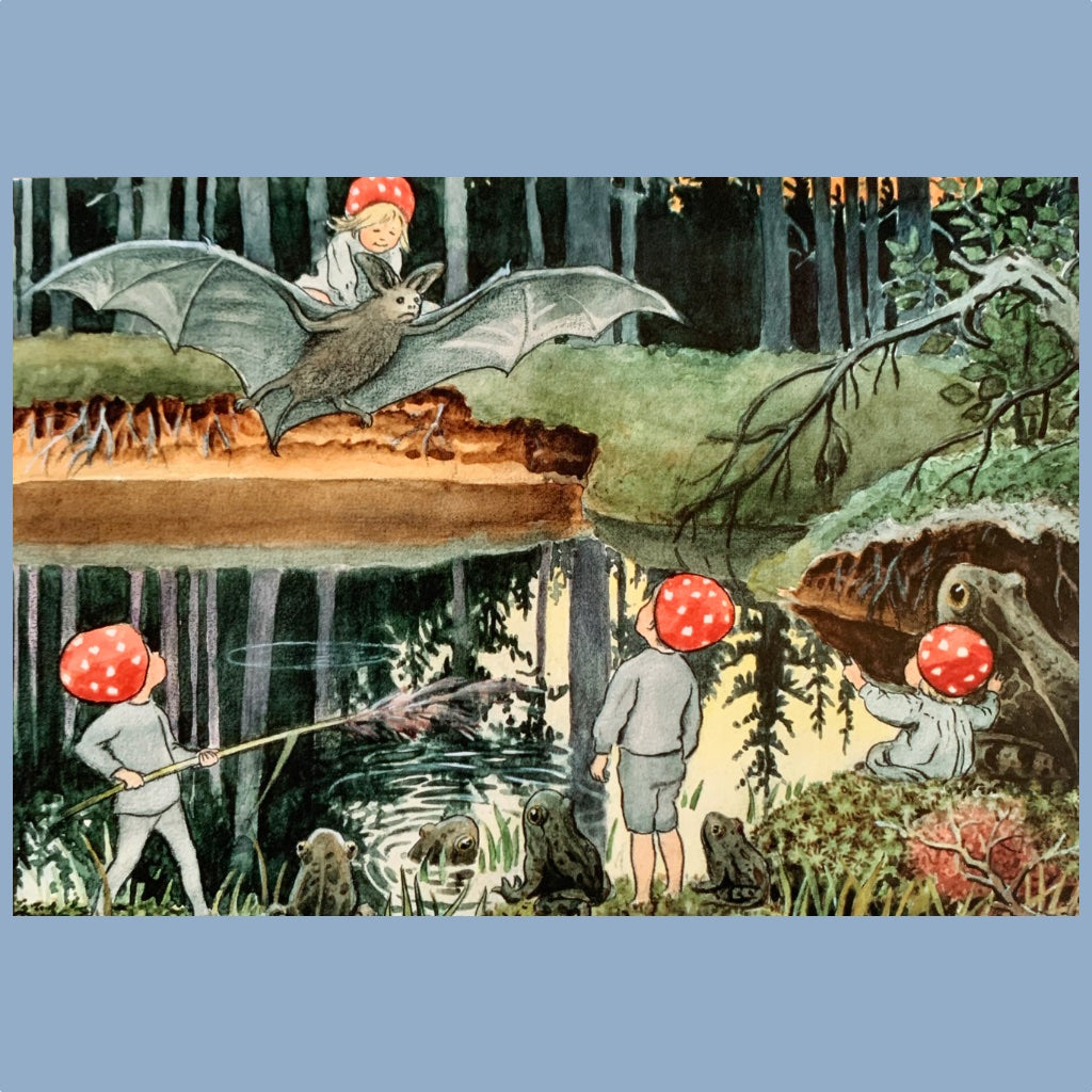 Postkarte Wichtelkinder mit Fledermaus