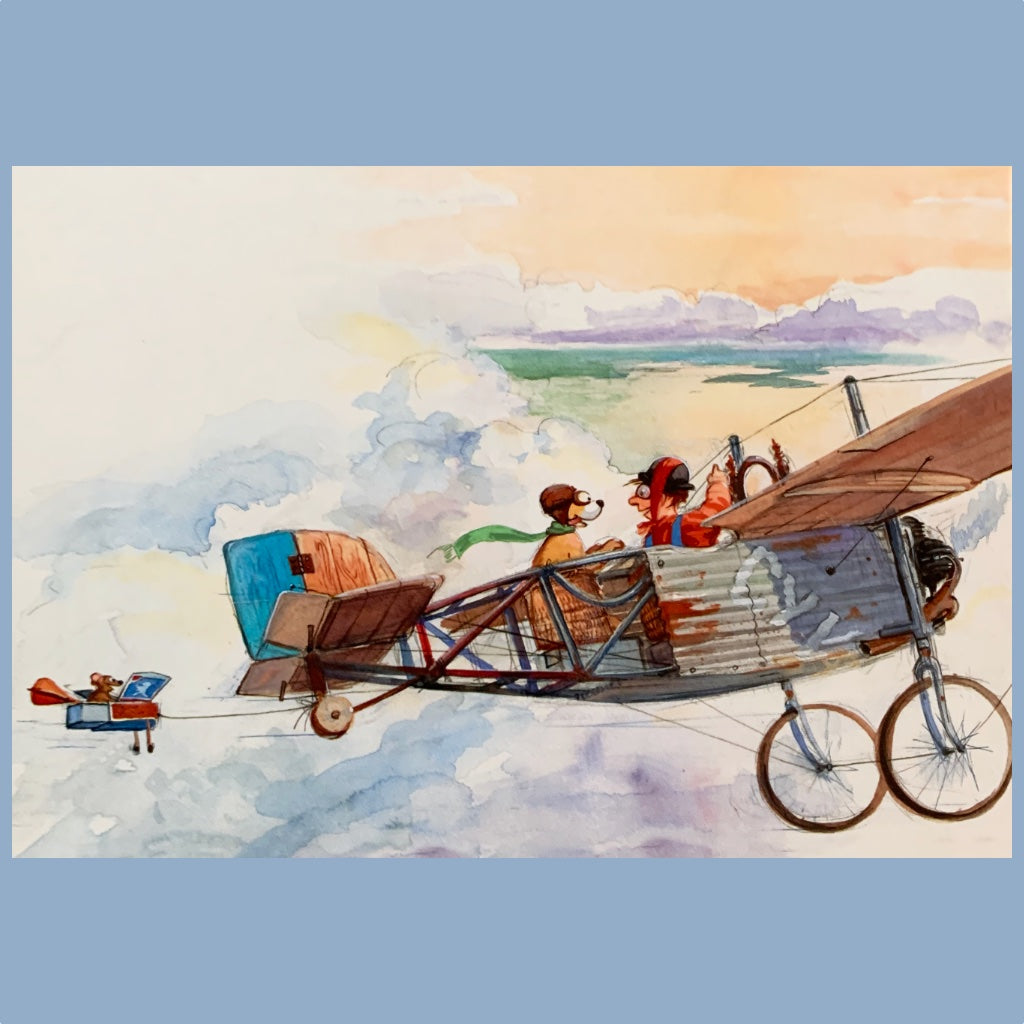 Postkarte Willy Werkel fliegt Flugzeug