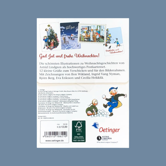 Rückseite der Verpackung des Postkartensets God Jul mit Astrid Lindgren, man sieht u.a. die vier Postkartenmotive: Lotta, Bullerbü, Pippi