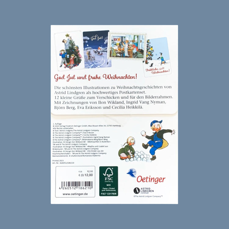 Rückseite der Verpackung des Postkartensets God Jul mit Astrid Lindgren, man sieht u.a. die vier Postkartenmotive: Lotta, Bullerbü, Pippi