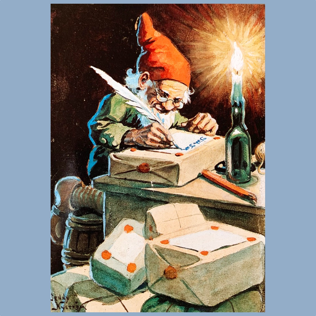 Postkarte Wichtel schreibt Weihnachtspost