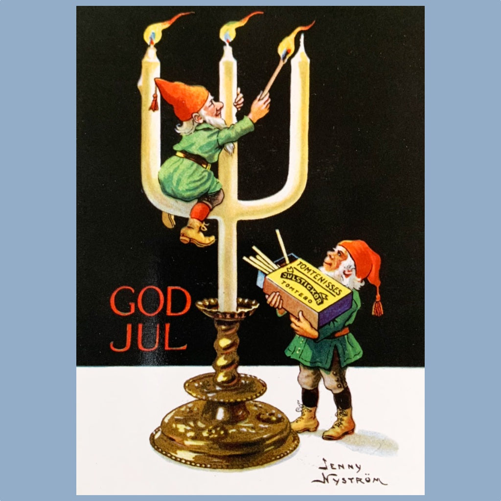 Postkarte Dreiarmige Weihnachtskerze und Wichtel