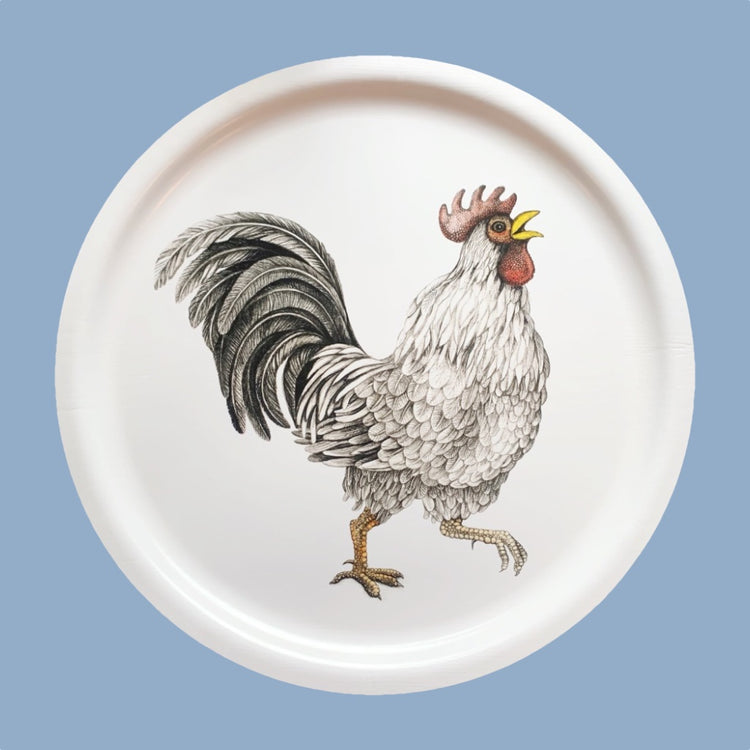Rundes Tablett mit Motiv Hahn von Charlotte Nicolin