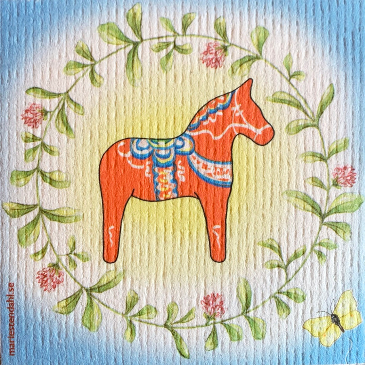 Schwammtuch mit Muster Dalapferd mit Kleekranz von Marie Stendahl erhältlich bei MYS