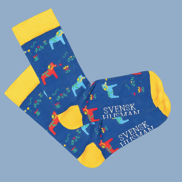 Socken "Dalahästar" blau, 80% Baumwolle, 17% Nylon, 3% Spandex