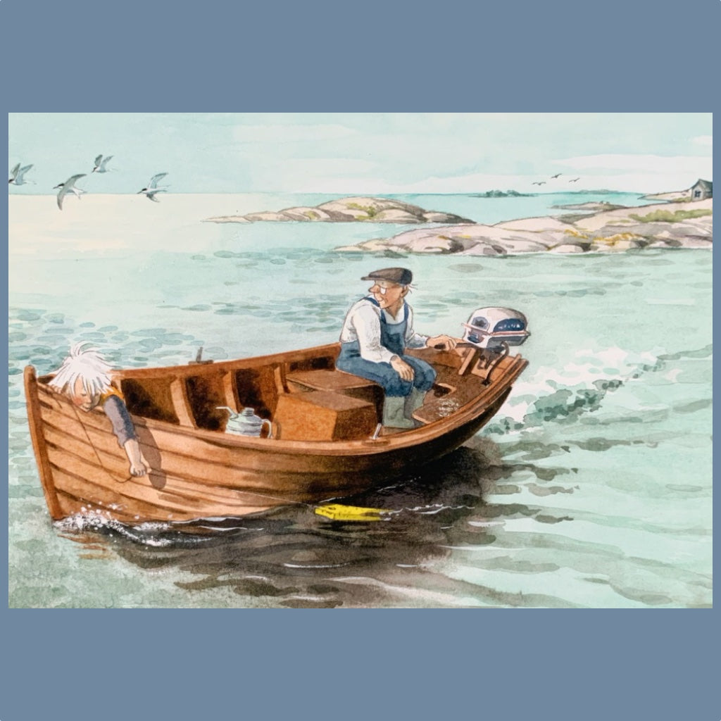 Postkarte mit Motiv Sturm-Stina und Großvater im Boot auf dem Meer