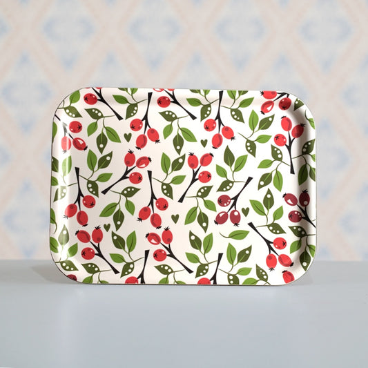 Holztablett rechteckig mit Hagebuttenmuster