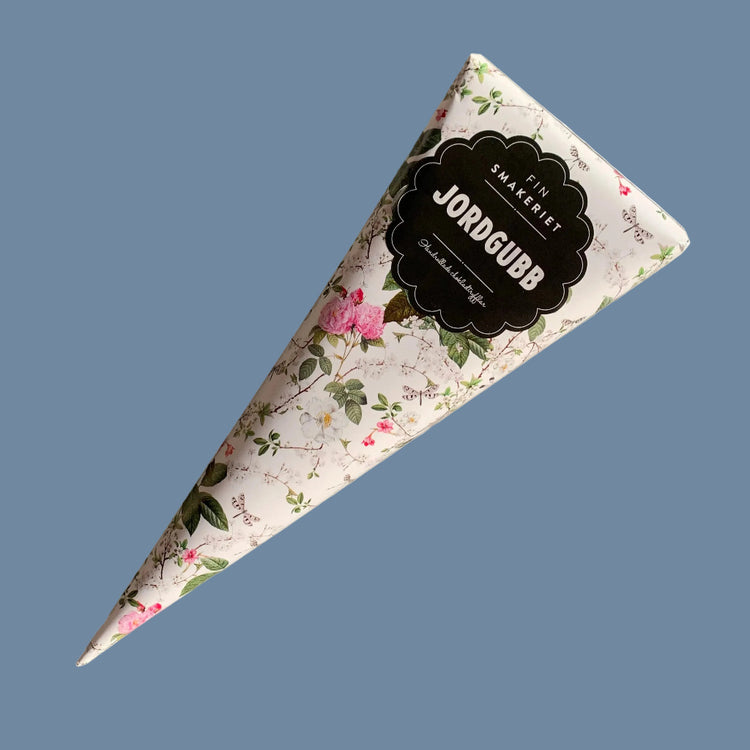 Spitztüte weiß mit Blumendekor mit Trüffelpralinen Erdbeere