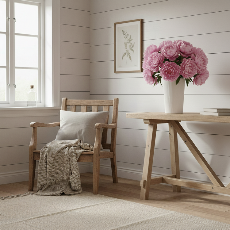 Vase Eksberg aus Keramik in weiß von Storefactory in KI generiertem Cottage Interieur