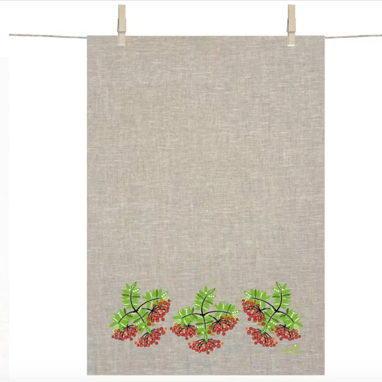 Vogelbeeren Geschirrtuch Gesamtansicht mit Vogelbeertrauben an der unteren Kante