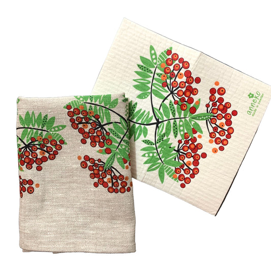 Geschirrtuch und Schwammtuch Vogelbeeren beieinanderliegend