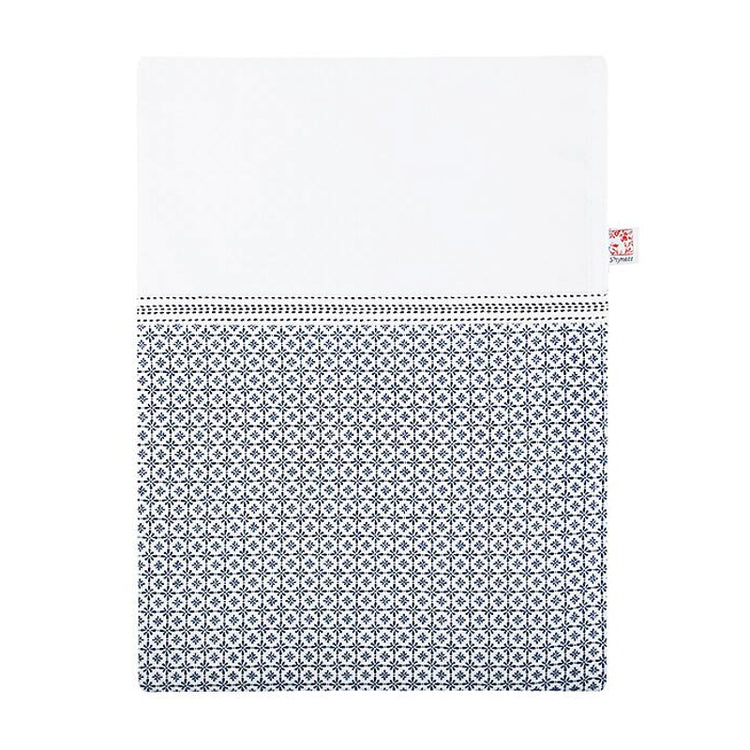 Zusammengelegter Bettbezug it Muster Destiny blau und Schmuckkante in weiß mit Band