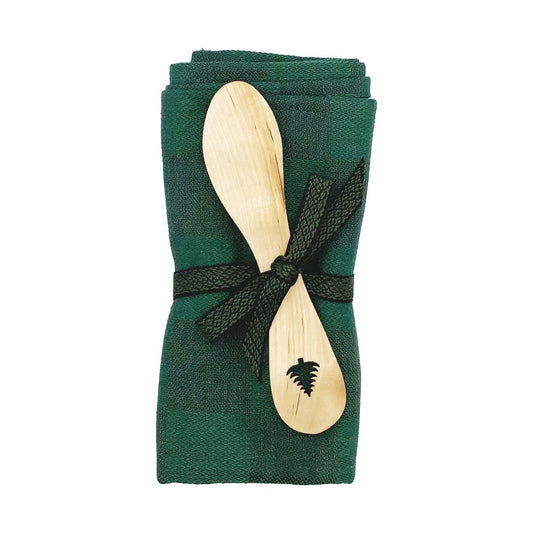 Geschenkset Handtuch in Grün und Buttermesser aus Holz mit Leinenband