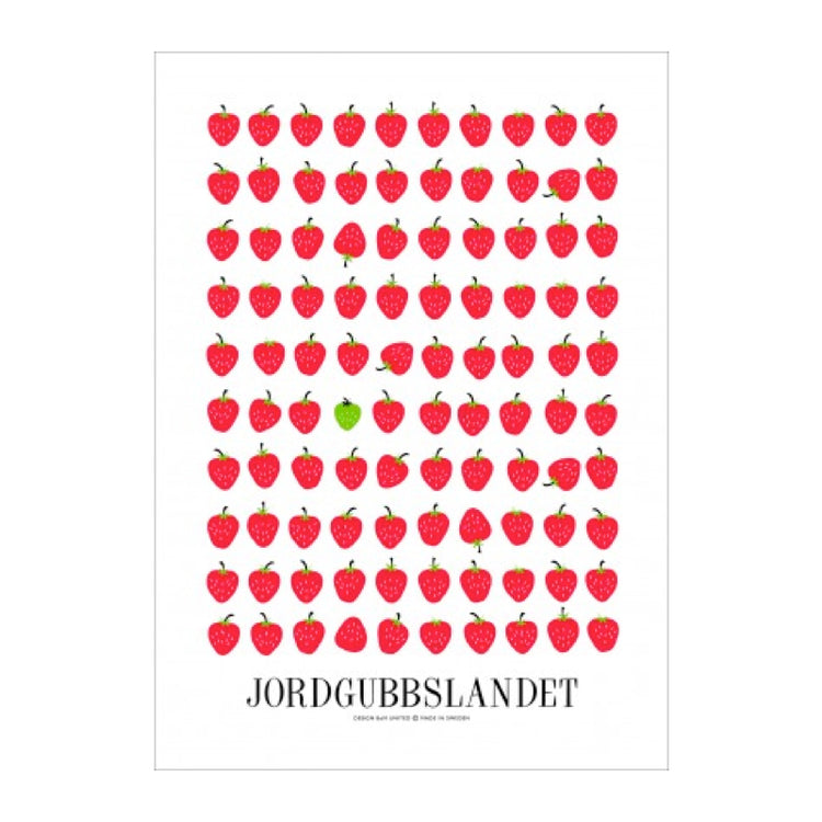 Gesamtansicht Geschirrtuch Jordubbslandet. Viele Reihen mit roten Erdbeeren, eine ist grün.