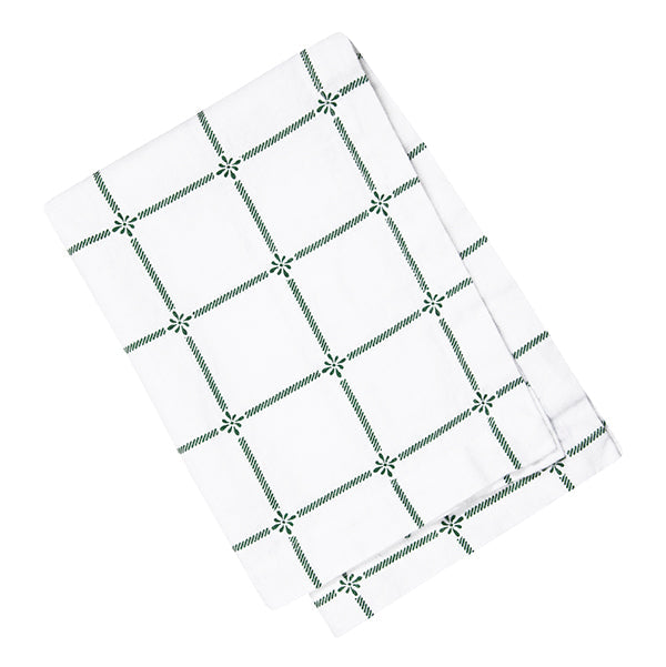 zusammengefaltetes Handtuch mit Muster Classic in grün, unterbrochene Linien als Gitter angeordnet, an den Kreuzungspunkten die typische Shyness-Blüte