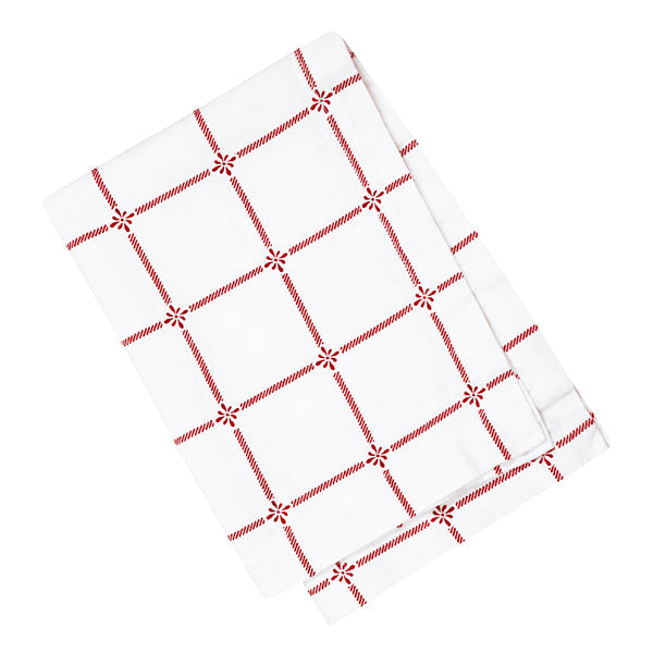 zusammengefaltetes Handtuch mit Muster Classic in rot, unterbrochene Linien als Gitter angeordnet, an den Kreuzungspunkten die typische Shyness-Blüte
