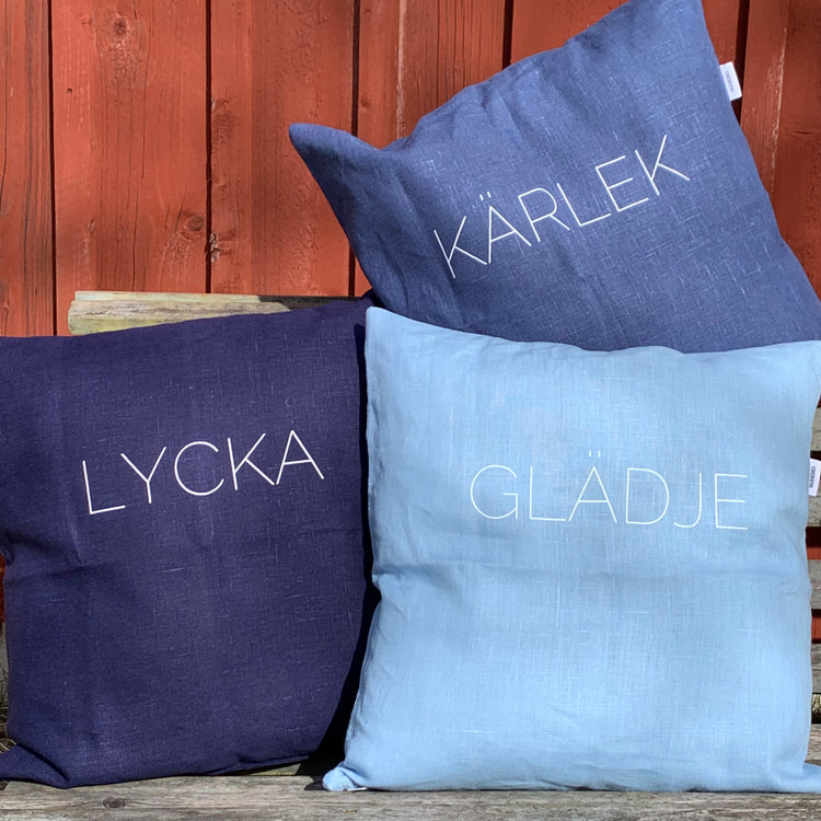 Kissen Glädje Kärlek Lycka Leinen blau