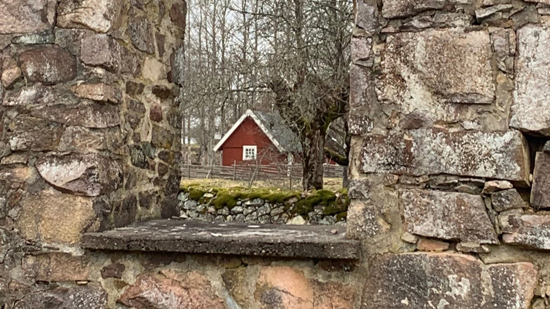 Blick durch ein Fenster der Ruine der Kirche von Lemnhult