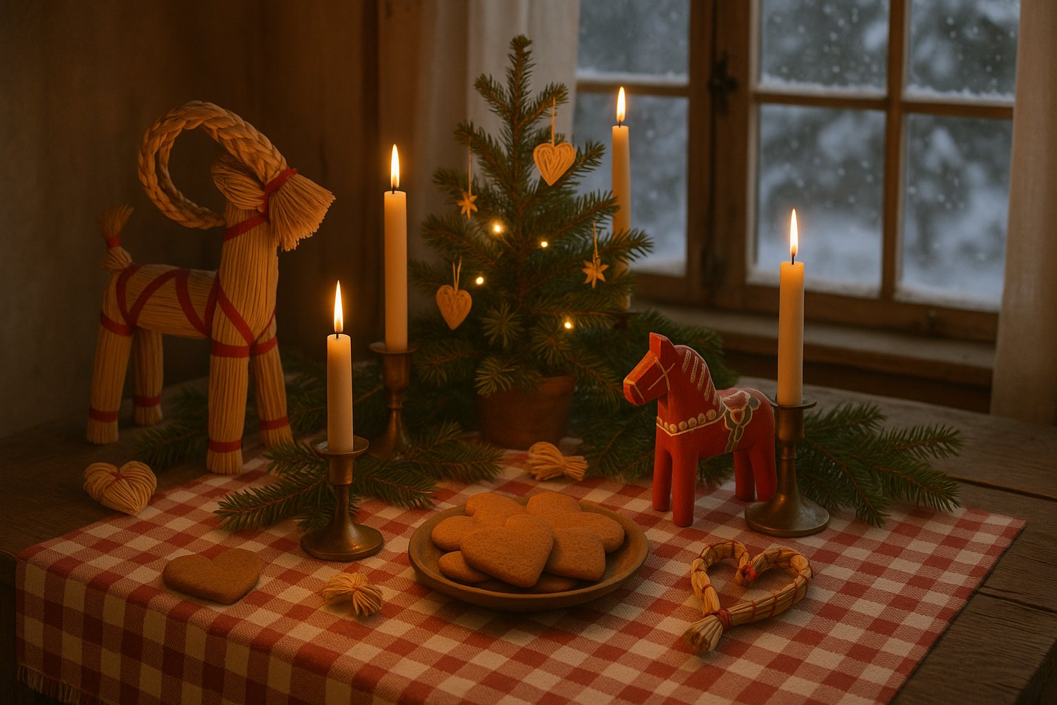 KI erstelltes Bild mit Tisch mit Pfefferkuchen, Weihnachtsbaum, Julbok, Dalapferd und Kerzen