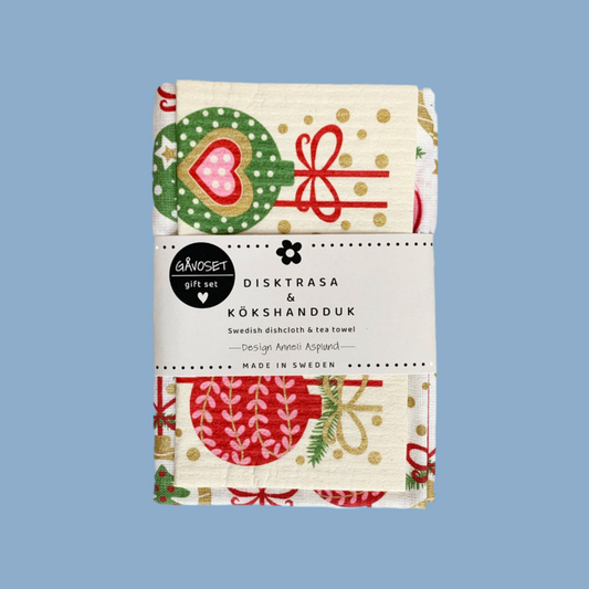 Geschenkset Handtuch Schwammtuch Weihnachtskugeln mit Banderole und mysblauem Hintergrund