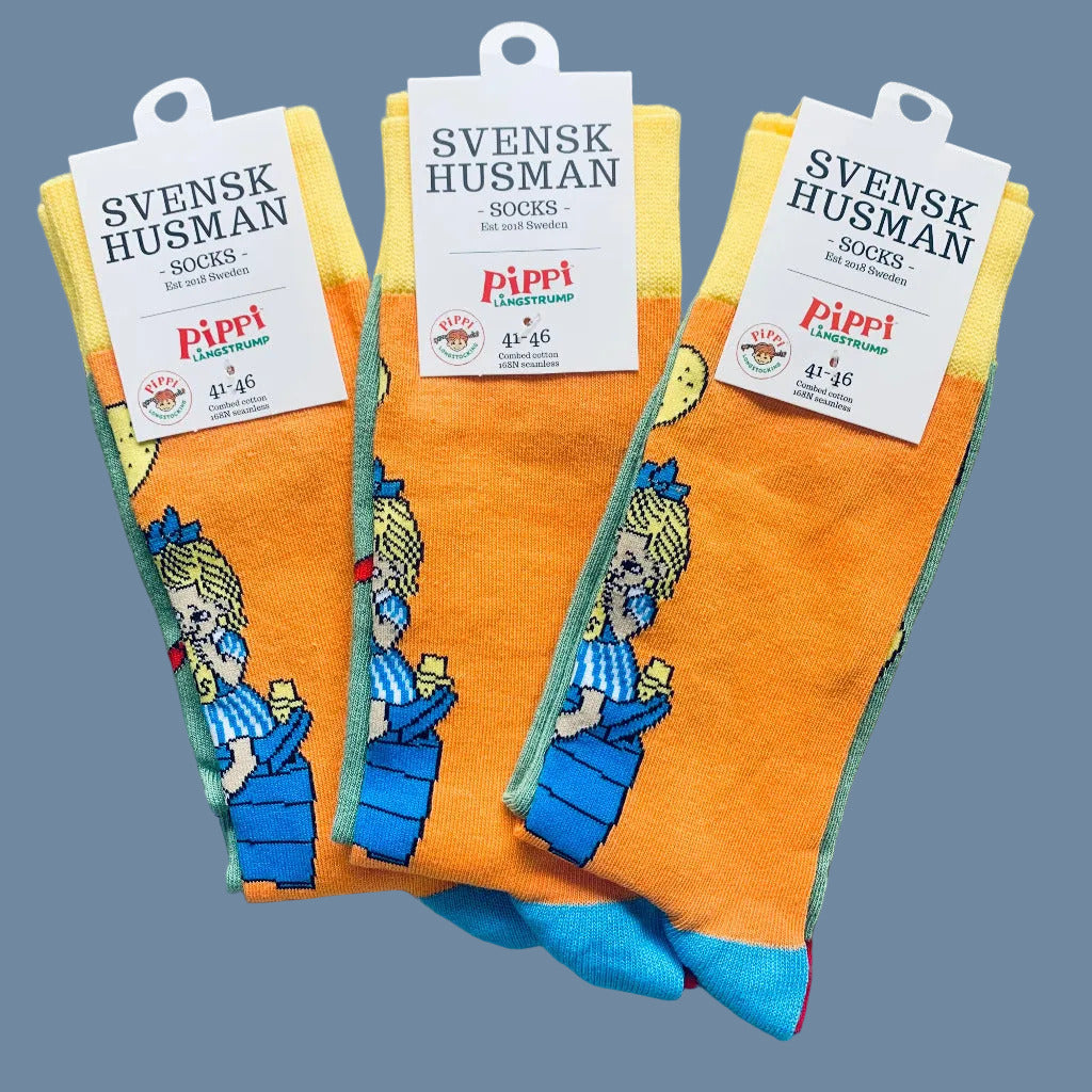 3 Paar Pippi-Langstrumpf-Socken Pippi bäckt Plinsen mit Label Größe 41-46
