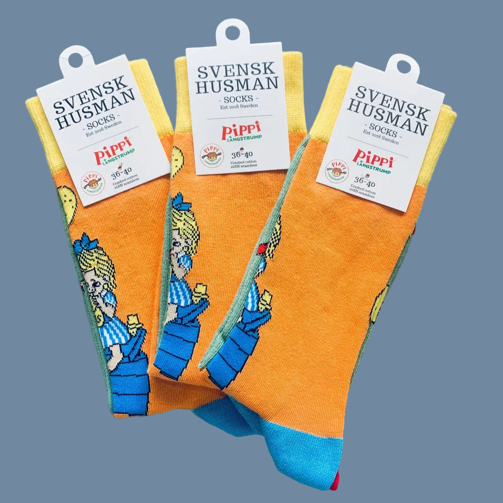 3 Paar Pippi-Langstrumpf-Socken Pippi bäckt Plinsen mit Label Größe 36-40