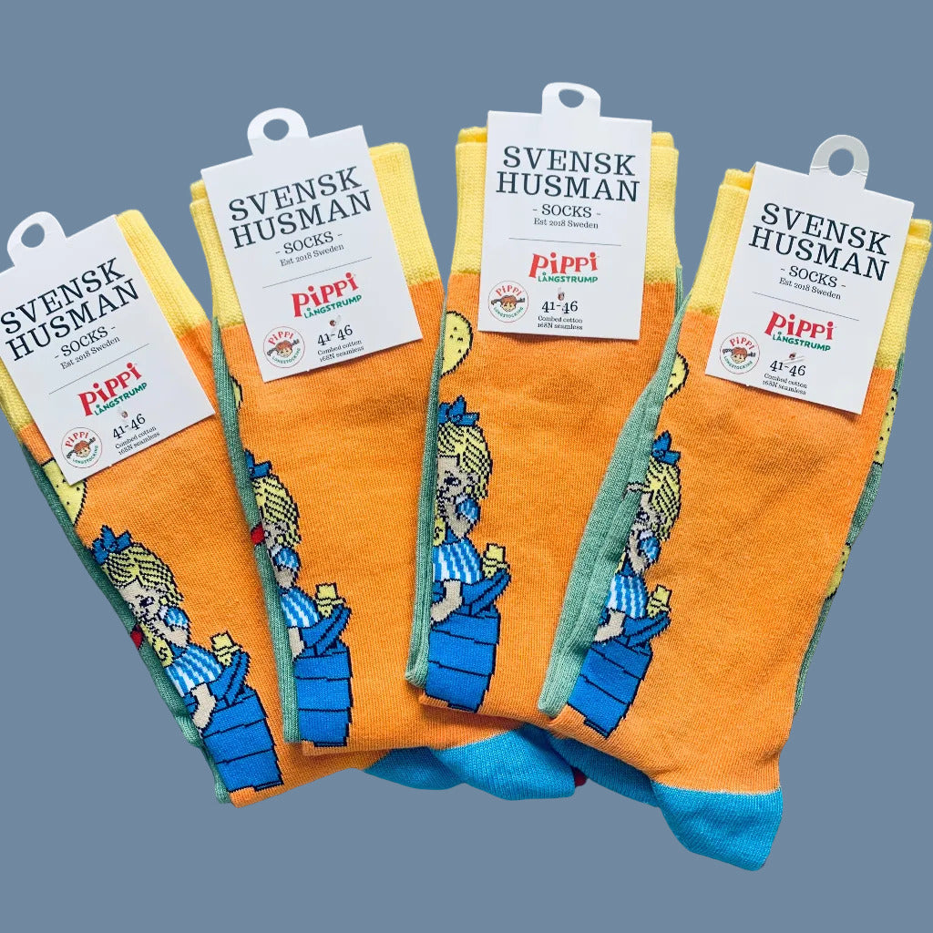 4 Paar Pippi-Langstrumpf-Socken Pippi bäckt Plinsen mit Label Größe 41-46