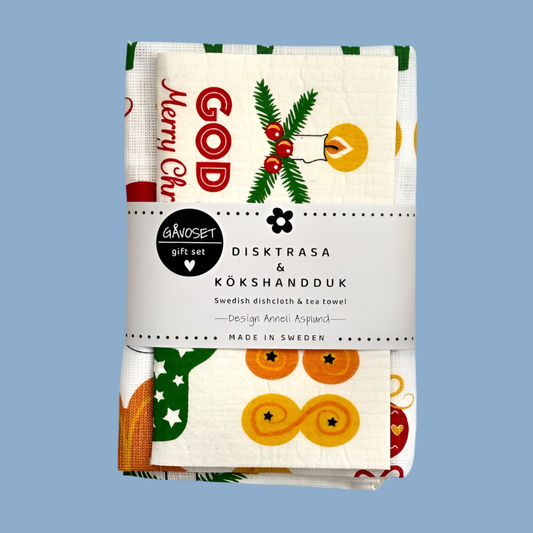 Geschenkset Handtuch Schwammtuch God Jul mit Banderole und mysblauem Hintergrund