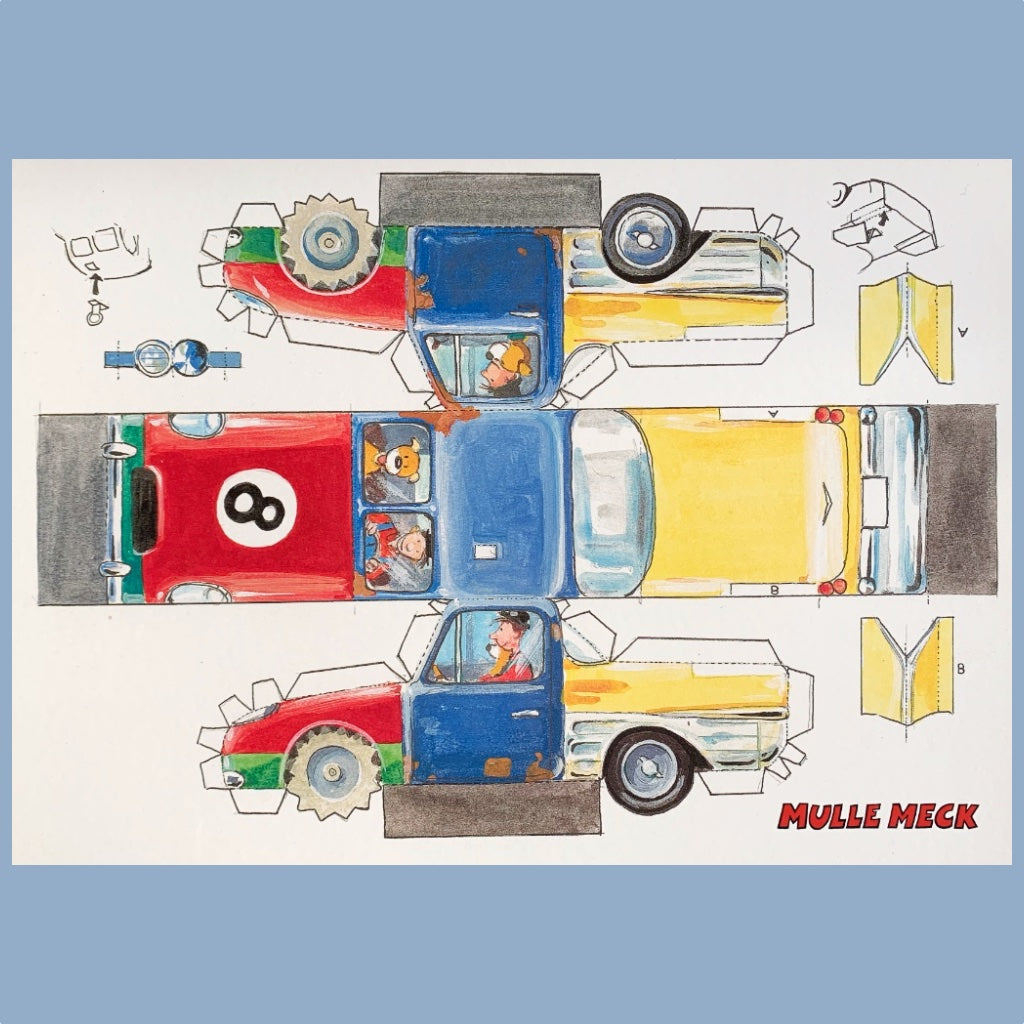 A4 Postkarte zum Ausschneiden mit Willy Werkels Auto nach einem Kinderbuch erhältlich im Mys Shop