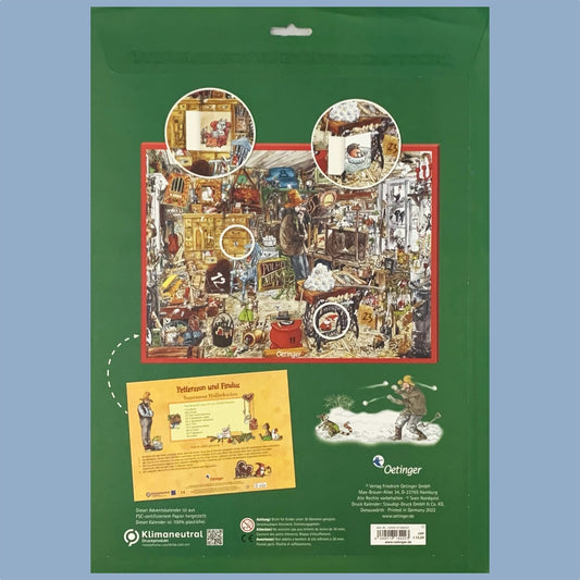 Rückseite der Verpackung des Adventskalenders Pettersson mit grünem Hintergrund, der Kalender ist abgebildet mit Gewimmel im Tischlerschuppen, außerdem ist ein Pfefferkuchenrezept abgedruckt
