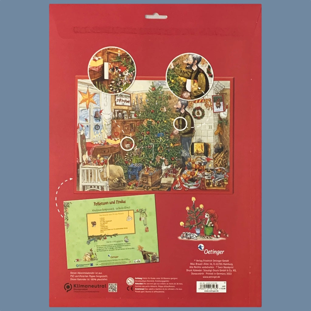 Rückseite des roten Adventskalenders Pettersson und Findus