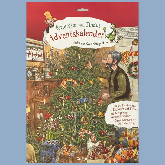 Vorderseite der Verpackung des Adventskalenders Pettersson, welcer auf dem Bild einen Weihnachtsbaumschmückt
