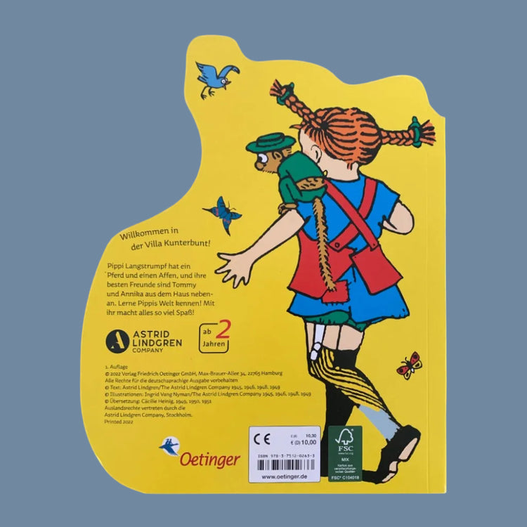 Rückseite des Pappbilderbuches Hallo Pippi in gelb in Form geschnitten um die Pippi