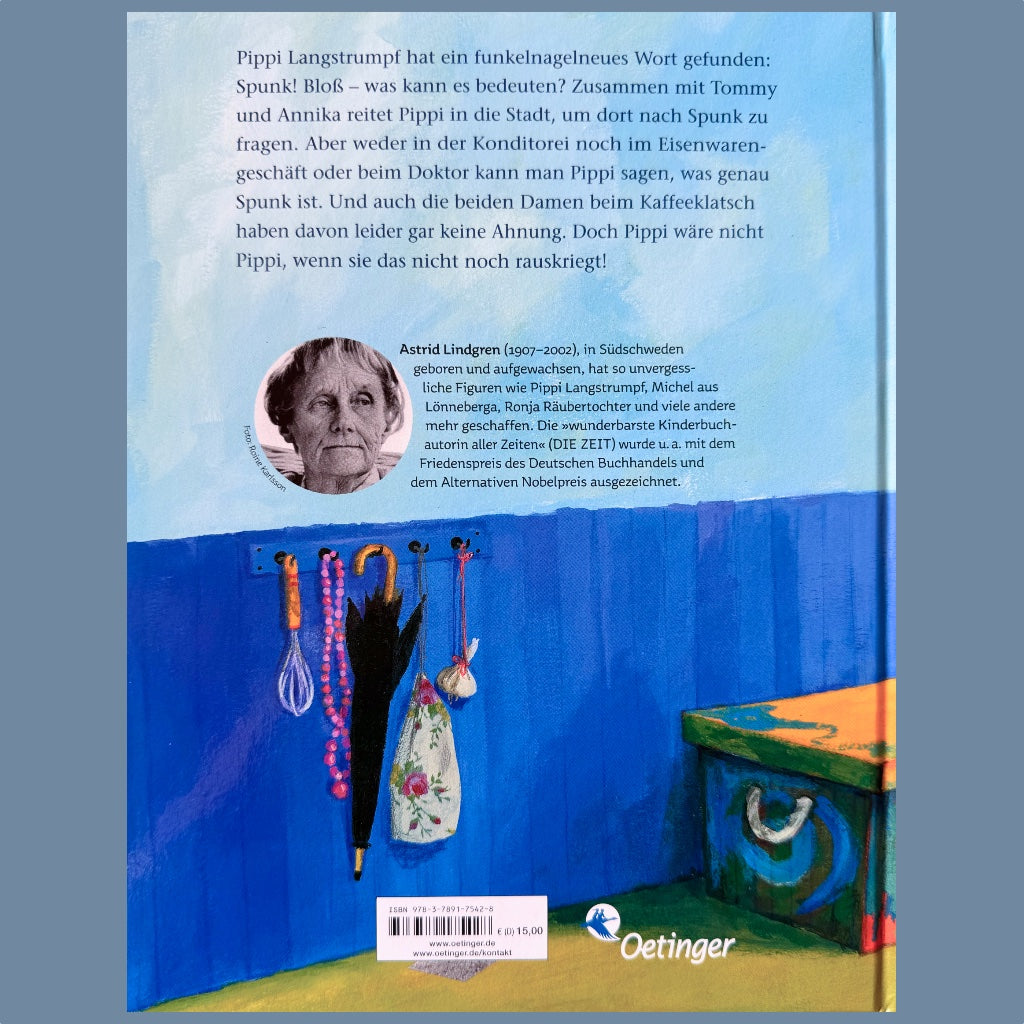 Rückseite des Kinderbuches Pippi findet einen Spunk von Astrid Lindgren