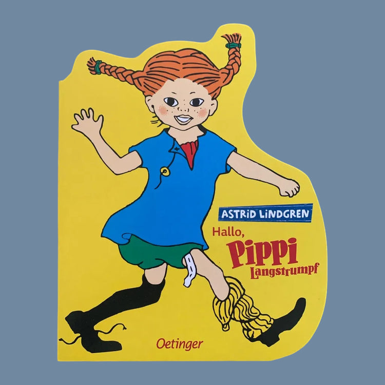 Vorderseite des Pappbilderbuches Hallo Pippi in gelb in Form geschnitten um die Pippi