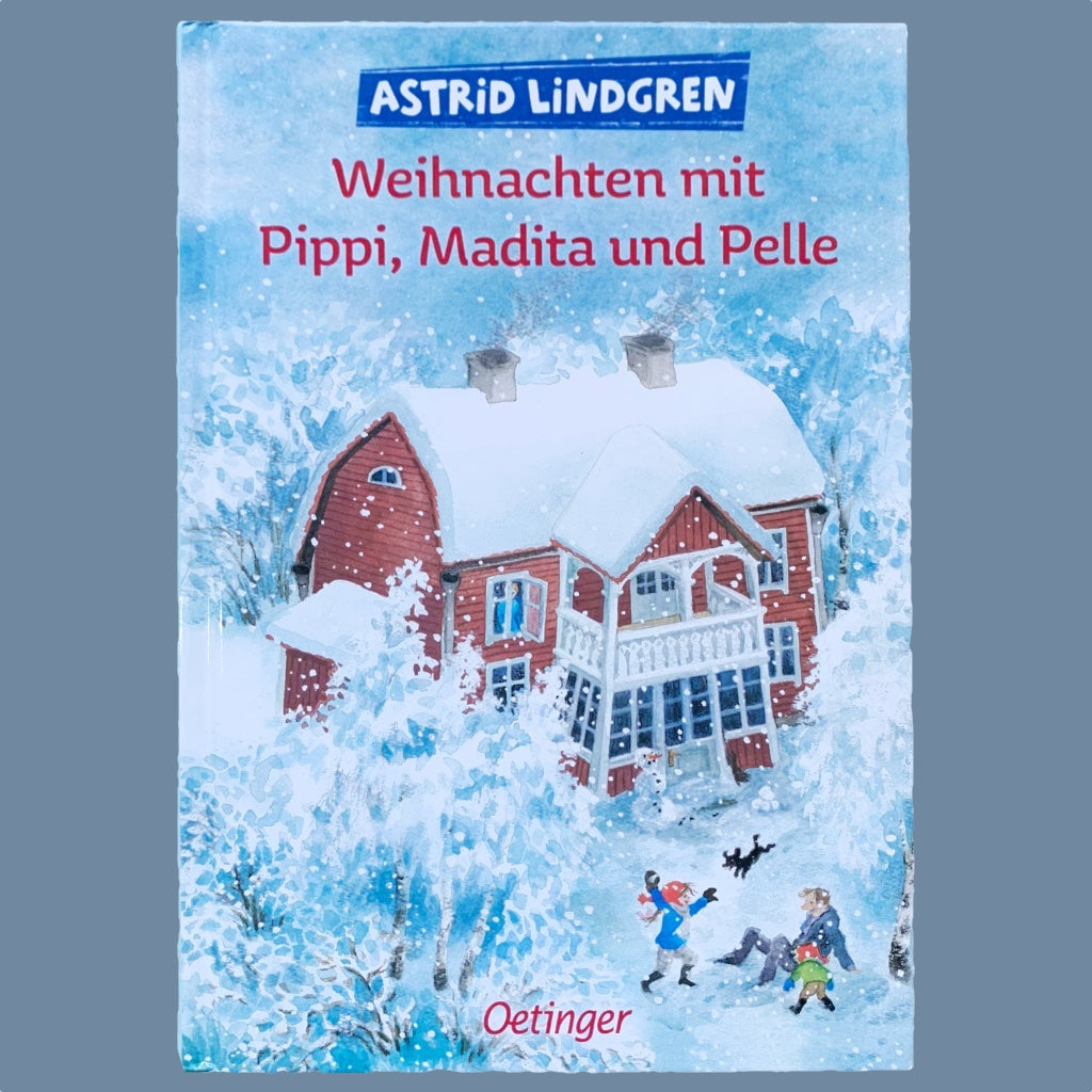 Titelseite des Buches mit einem verschneiten roten Haus und Kindern, die im Schnee toben, der Titel steht in Rot oben auf der Seite