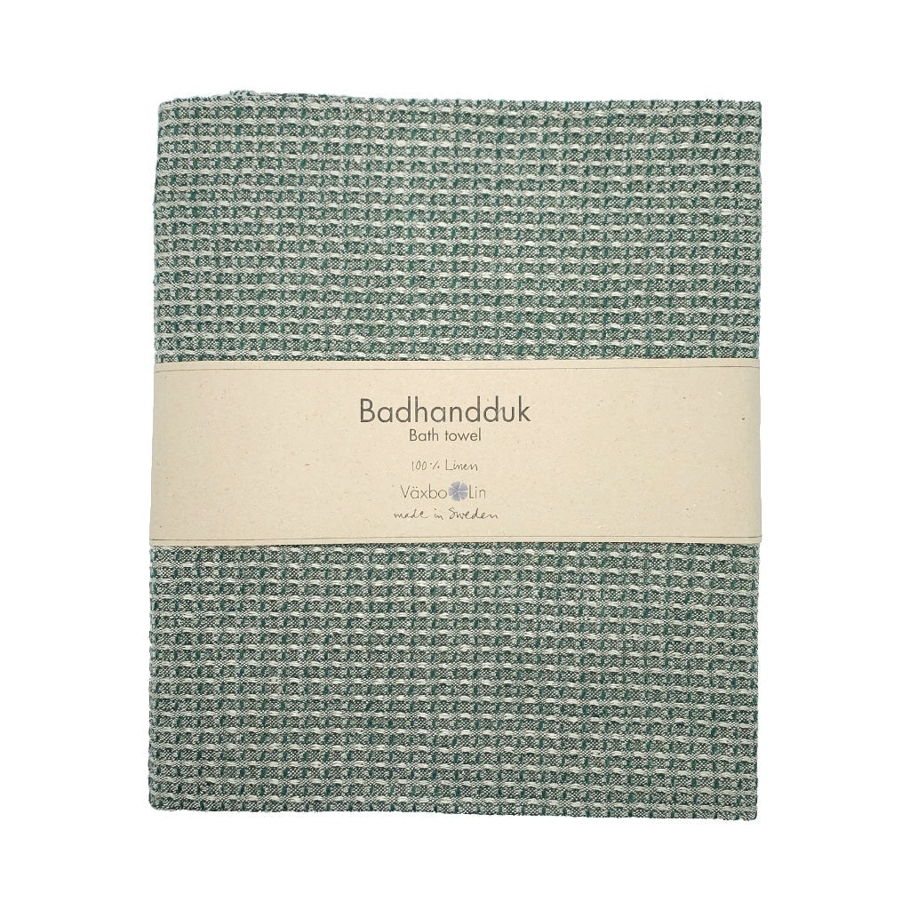 Badetuch Bubbel aus Leinen moos zusammengefaltet mit Banderole