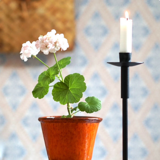 oranger Blumentopf mit Pelargonie neben schwarzem Metallkerzenhalter und Kerze
