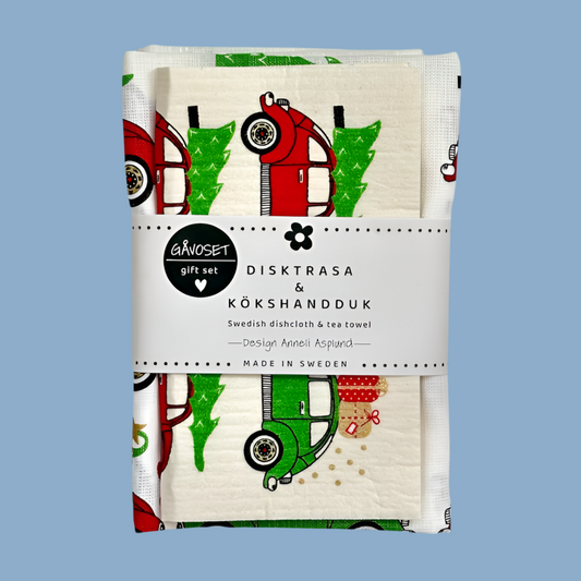 Geschenkset Geschirrtuch + Schwammtuch „Weihnachtsauto”
