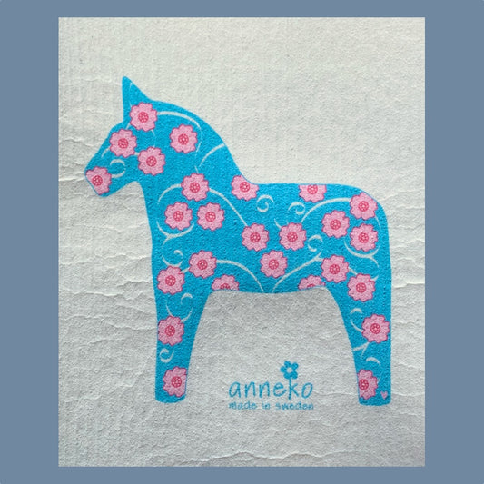 Schwedisches Spültuch mit türkisem Dalapferd mit rosa Blüten