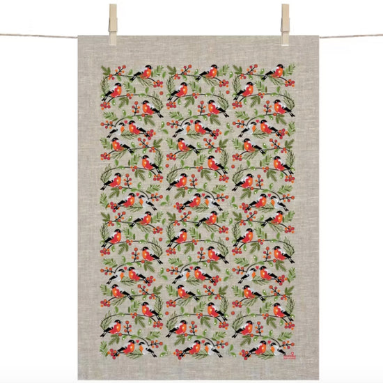 Geschirrtuch Leinen Dompfaff von Anneko Design mit Dompfaff all over mit breiter, umlaufender einfarbiger Kante