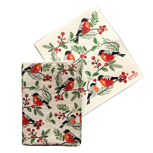 Geschirrtuch und Schwammtuch Dompfaff nebeneinanderliegend