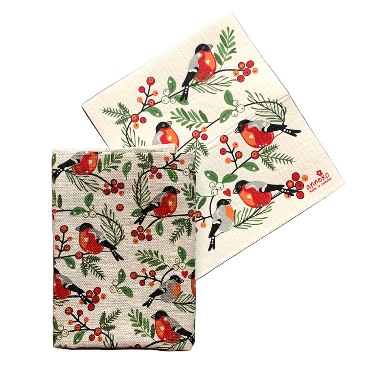 Geschirrtuch und Schwammtuch Dompfaff nebeneinanderliegend