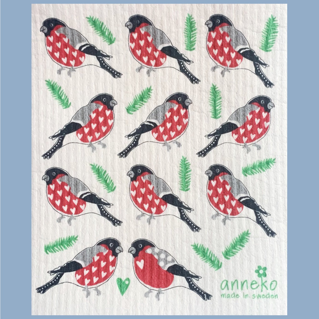 vier Reihen mit gezeichneten Gimpeln in rot und schwarz, drei auf jeder Reihe, in der letzten Reihe sind es zwei, daneben das Logo von Anneko, zwischen den Vögeln grüne Tannenzweige