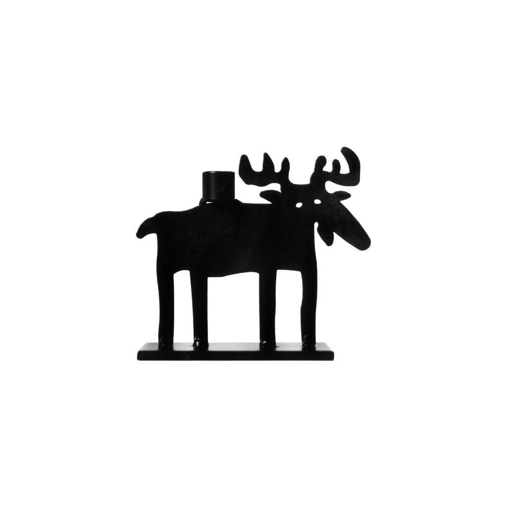 Kerzenstaender aus schwarzem Metall, ausgestanzter Elch auf Grundplatte stehend, auf dem Rücken eine Kerzentüle für Christbaumkerzen