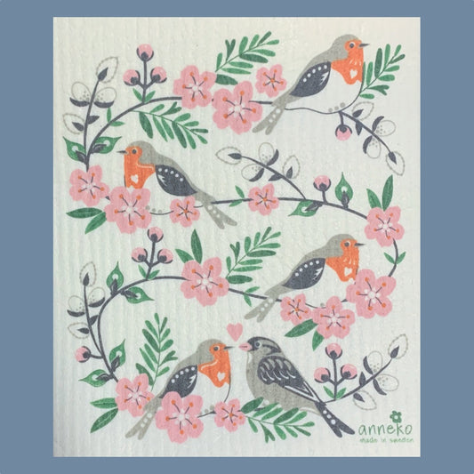 Schwedisches Spültuch mit Vögeln, Zweigen und Obstblüten