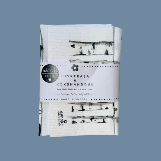 Geschenkset Handtuch Schwammtuch Birken mit Banderole und mysblauem Hintergrund